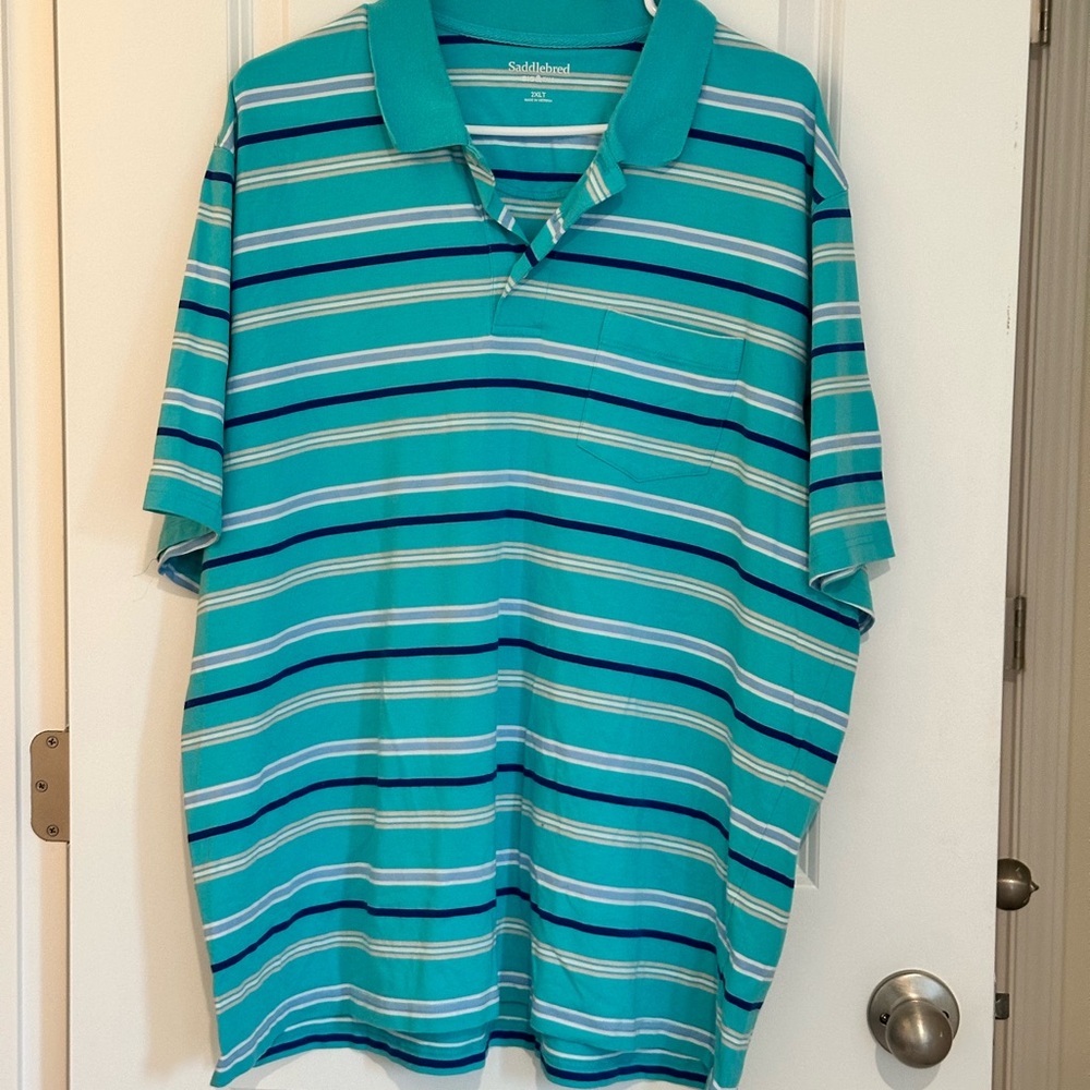 Saddlebred Men's Polo Shirt - Teal, Blue and White Stripes Size 2X LT
